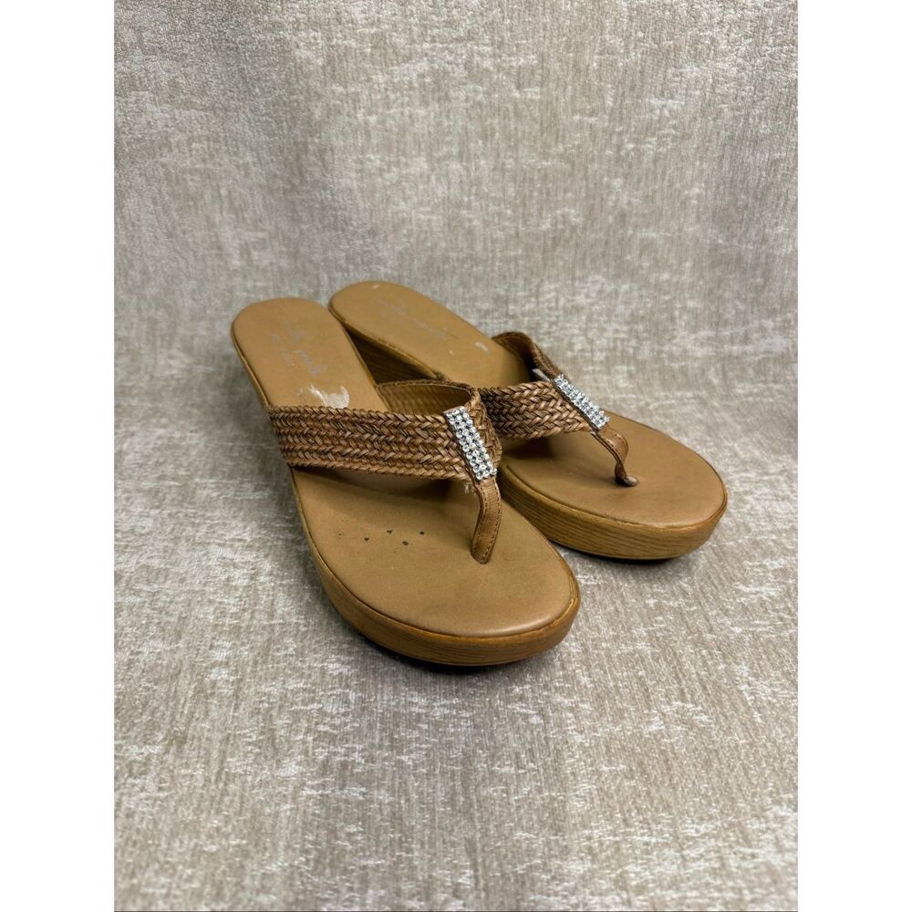 Mila Paoli Women's Leather Woven Rhinestone Thong Wedges Sandal Brown Tan Size 9